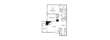 A floor plan of a house with a living room, dining room, kitchen, and a den/study.