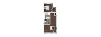 A floor plan of a small apartment with a bedroom, living room, and bathroom.