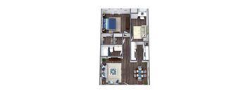 A top-down view of a room with a bed, a couch, a table, and a TV.
