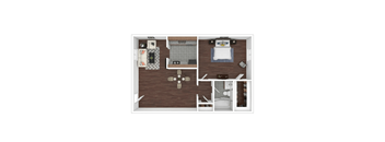 A top-down view of a small apartment with a kitchen, living room, and bathroom.