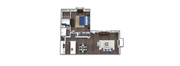 A top-down view of a house layout with a living room, dining area, kitchen, and bedrooms.
