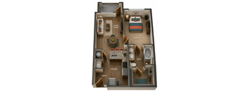 A floor plan of a small apartment with a living room, bedroom, kitchen, bathroom, and entry.
