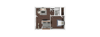 A top down view of a small apartment with a kitchen, living room, and bedroom.