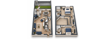 Two floor plans of a house with a living room, kitchen, and bedrooms.