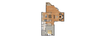 A diagram of a house layout with a kitchen, dining room, living room, bathroom, bedroom, and closet.