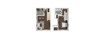 A floor plan of a two-bedroom apartment with a living room, kitchen, and bathroom.