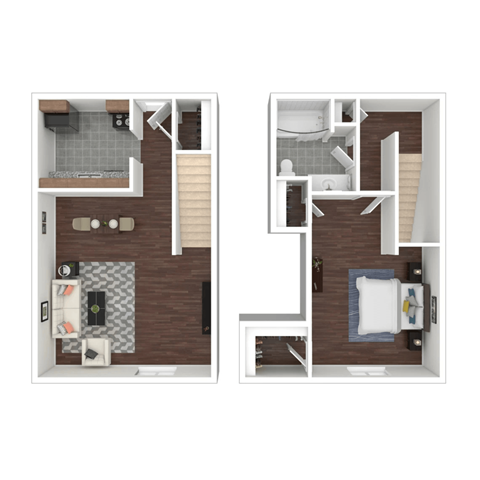A floor plan of a two-bedroom apartment with a living room, kitchen, and bathroom.