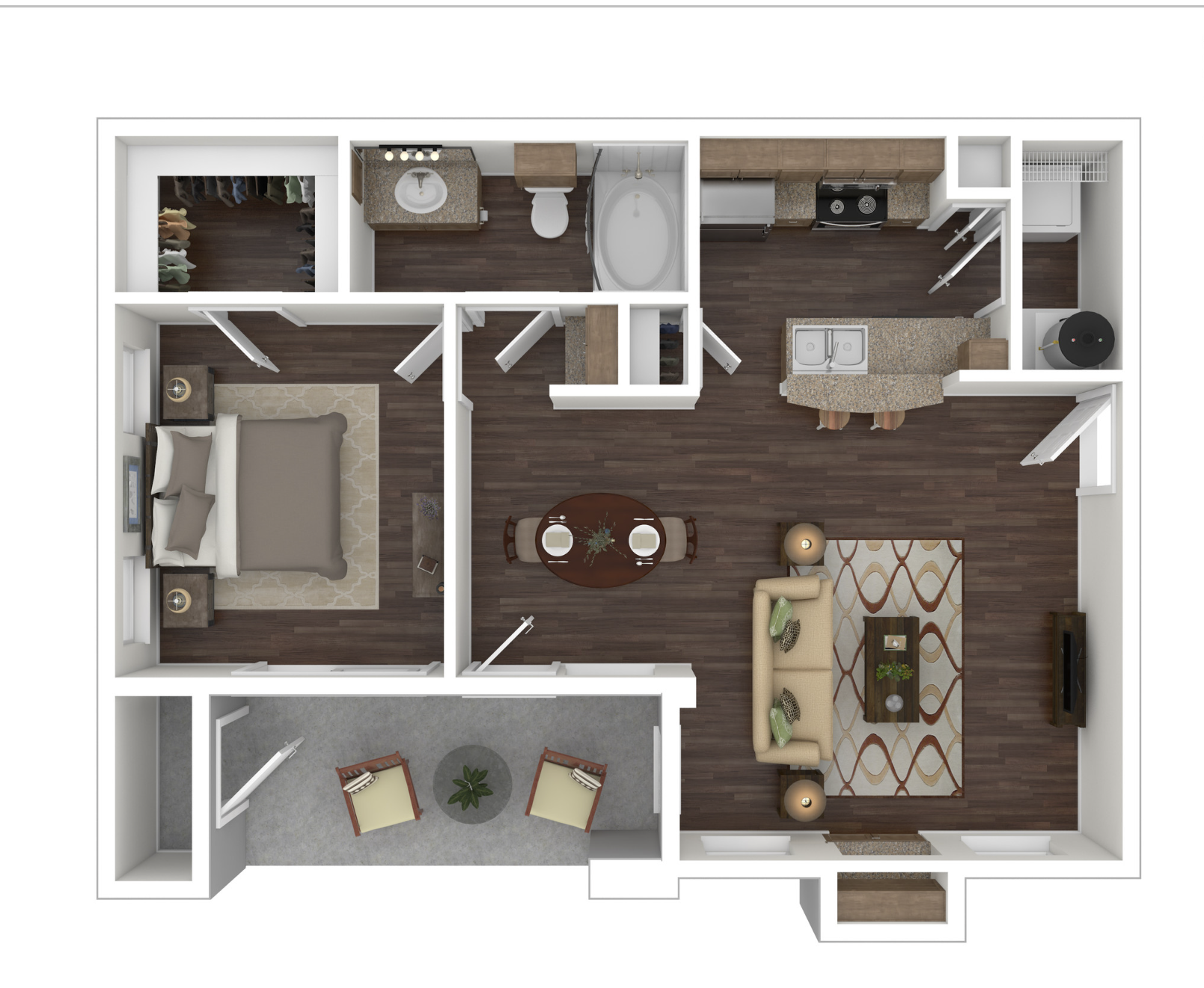 A top-down view of a living room, kitchen, and dining area.