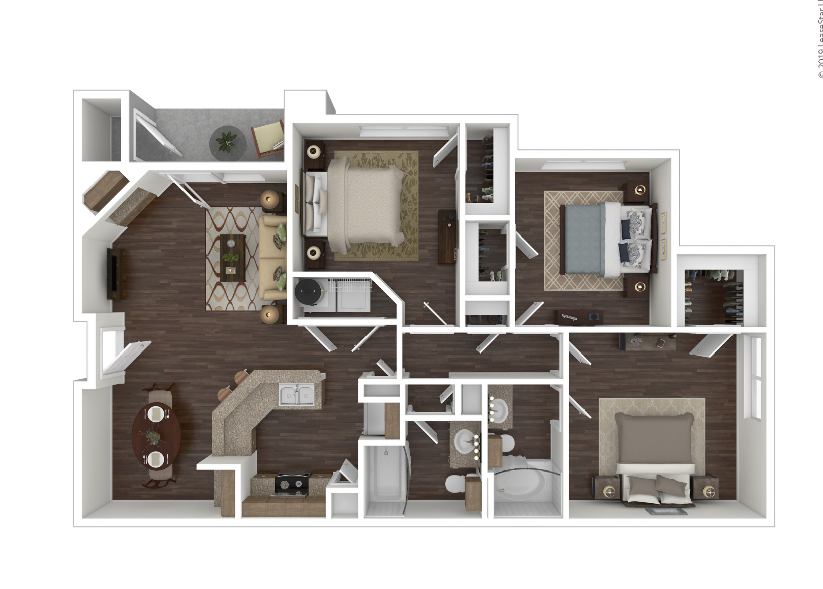 a 3d floor plan of a bedroom with a bathroom and a living room