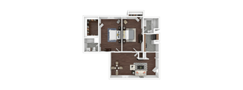 A top down view of a small apartment with a kitchen, living room, and bathroom.