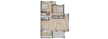 A floor plan of a house with two bedrooms, a living room, a kitchen, a bathroom, a closet, and a patio.