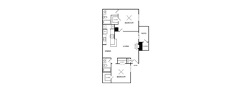 A floor plan of a home with two bedrooms, a living room, a dining room, and a storage area.
