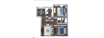 A top-down view of a room with a dining table, couches, and a kitchen area.