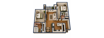 A 3D floor plan of a house with multiple rooms and furniture.