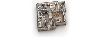 A 3D floor plan of a multi-level home with various rooms and furniture.