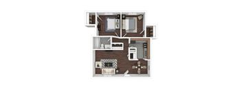 A top-down view of a small apartment layout with a kitchen, living room, and bedroom.