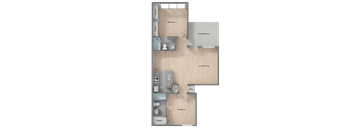 A diagram of a house layout with two bedrooms, a living/dining area, a patio/balcony, and two closets.