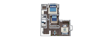 A top-down view of a house layout with a kitchen, living room, and bedrooms.