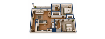 A blueprint of a house with various rooms and furniture.