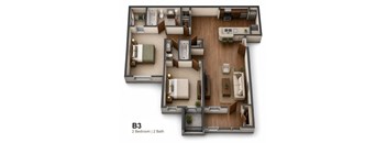 A 3D layout of a B3 apartment with two bedrooms and two bathrooms.