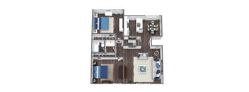A top-down view of a house layout with multiple rooms and furniture.