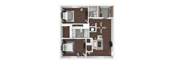 A top-down view of a small apartment layout with a kitchen, living room, and bathroom.
