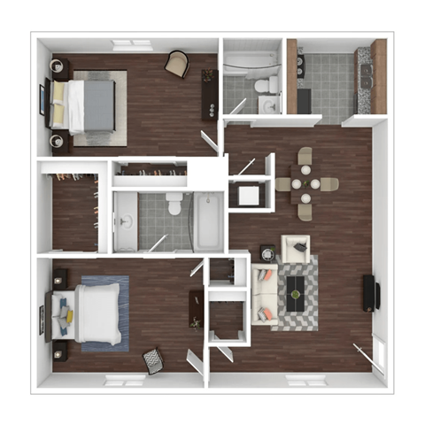 A top-down view of a small apartment layout with a kitchen, living room, and bathroom.