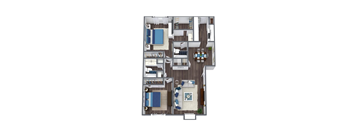 A 3D floor plan of a house with a kitchen, living room, and bedrooms.