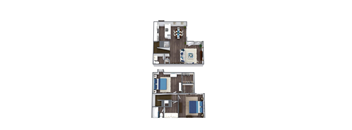 A floor plan of a two-story apartment with a living room, kitchen, and bedrooms.