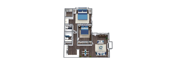 A top-down view of a house layout with a central living area, bedrooms, a kitchen, and a bathroom.