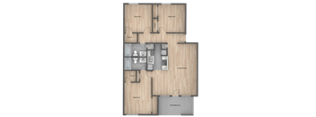 A floor plan of a house with three bedrooms, a living/dining area, a kitchen, a bathroom, and a patio/balcony.