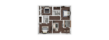 A top-down view of a small apartment layout with a living room, kitchen, and bedrooms.