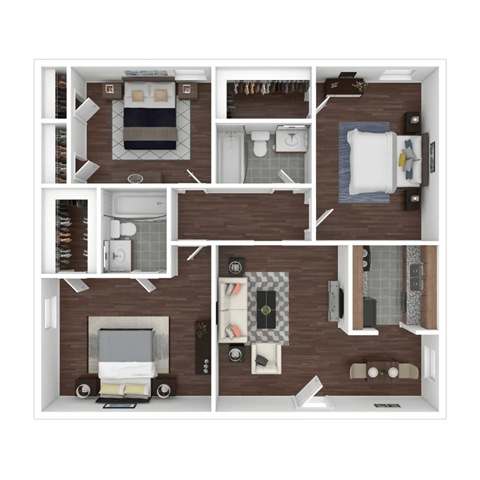 A top-down view of a small apartment layout with a living room, kitchen, and bedrooms.