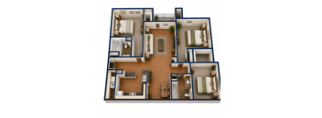 A 3D floor plan of a house with multiple rooms and furniture.