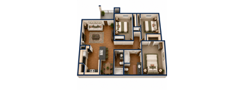 A 3D floor plan of a house with multiple rooms and furniture.