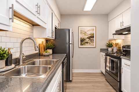 A modern kitchen with a black refrigerator and stove.