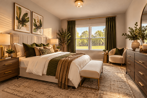 A bedroom with a large bed and a window with green curtains.