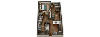 A 3D floor plan of a small apartment with a living room, kitchen, bathroom, and bedrooms.