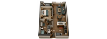 A 3D floor plan of a small apartment with a living room, kitchen, bedroom, and bathroom.