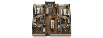 A 3D layout of a house showing the arrangement of rooms.