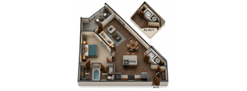 A 3D floor plan of a house showing the layout of the rooms.