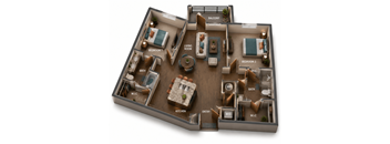 A 3D layout of a house with labeled rooms such as kitchen, living room, and bedrooms.