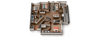 A 3D rendered image of a house layout with labeled rooms.