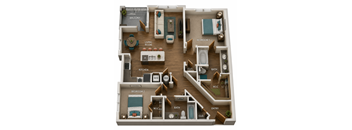 A 3D layout of a small apartment with a balcony, living room, kitchen, two bedrooms, and bathrooms.