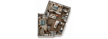 A 3D layout of a house showing the arrangement of the living room, kitchen, bedrooms, and bathrooms.