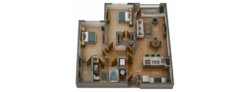 A 3D layout of a house showing the arrangement of the bedrooms, bathrooms, kitchen, and living room.