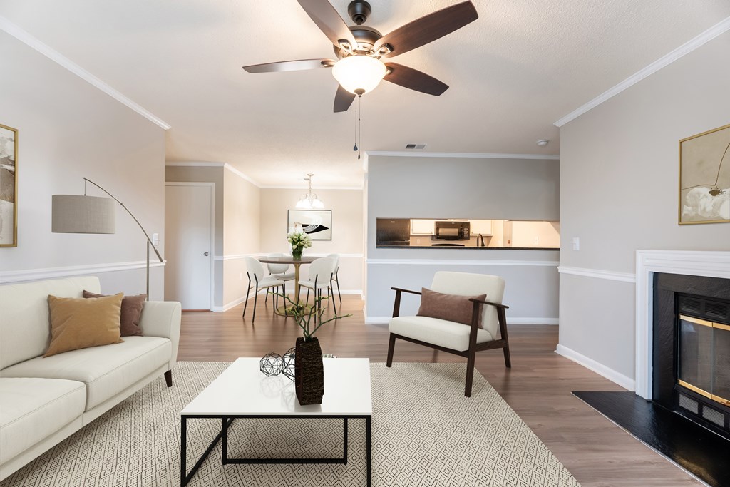 Living Room With Kitchen View at Rosewood at Colony Square, Rocky Mount, 27804