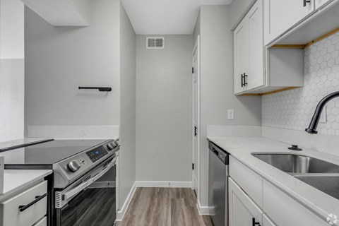 A kitchen with a stove top oven and a dishwasher.