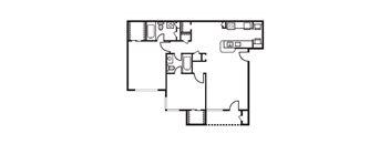 A black and white image of a floor plan with various rooms and furniture.