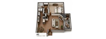 A 2 bedroom apartment with 1 bathroom.
